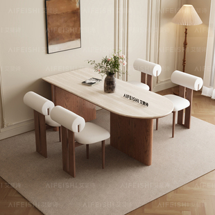 德利丰洞石岩板法式 现代简约实木餐桌小户型奶油风靠墙半圆形岛台