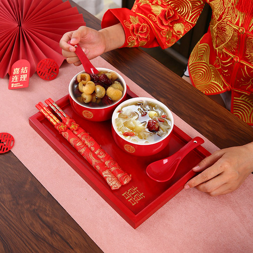 结婚喜碗一对勺筷子中式红色婚庆用品新娘陪嫁改S口敬茶杯托盘套