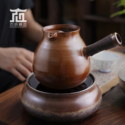 明德园侧把柴烧釉红泥古法围炉煮茶器壶全手工红淘文W创家用电陶