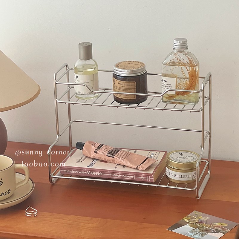 ins双层不锈钢台面置物架卧室桌面香水化N妆品整理收纳架金属杯架