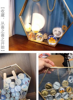 旅游纪念币展示框 硬币收纳架 金属相框玻璃O透明画框复古画框摆