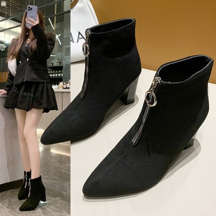 尖头瘦瘦靴女法式 2025冬季 百搭短靴高跟鞋 时尚 粗跟马丁靴炸街 新款