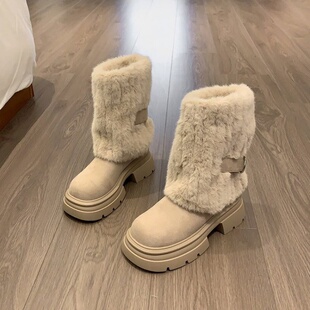 中筒粗跟厚底圆头保暖靴子冬季休闲雪地靴橡胶靴子保暖雪地靴套筒