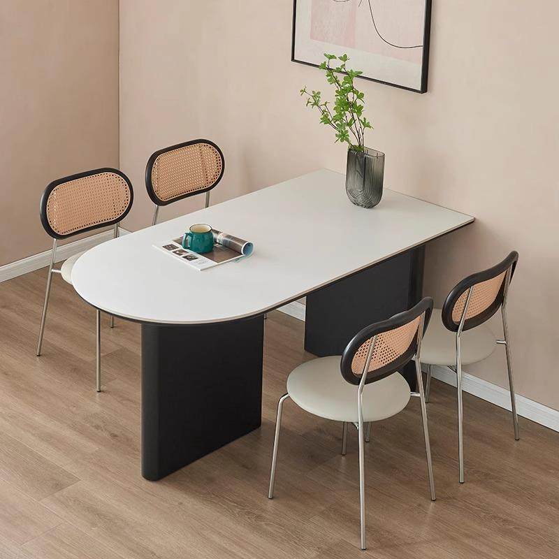 实木半岛台岩板餐桌椅组合家用小户型现代简约椭圆黑色中古风饭桌