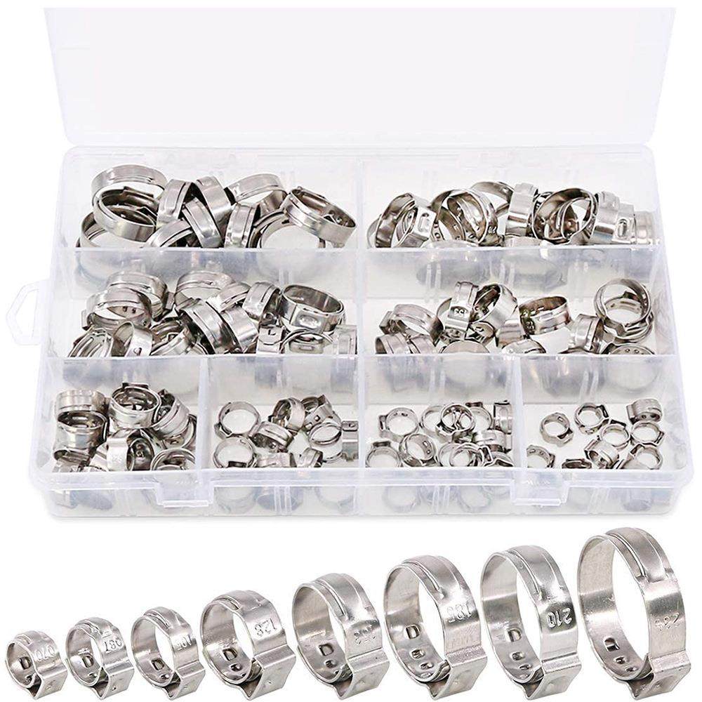 120件盒装 8 种尺寸304不锈钢单耳软卡箍 管箍压合软管夹组合套件