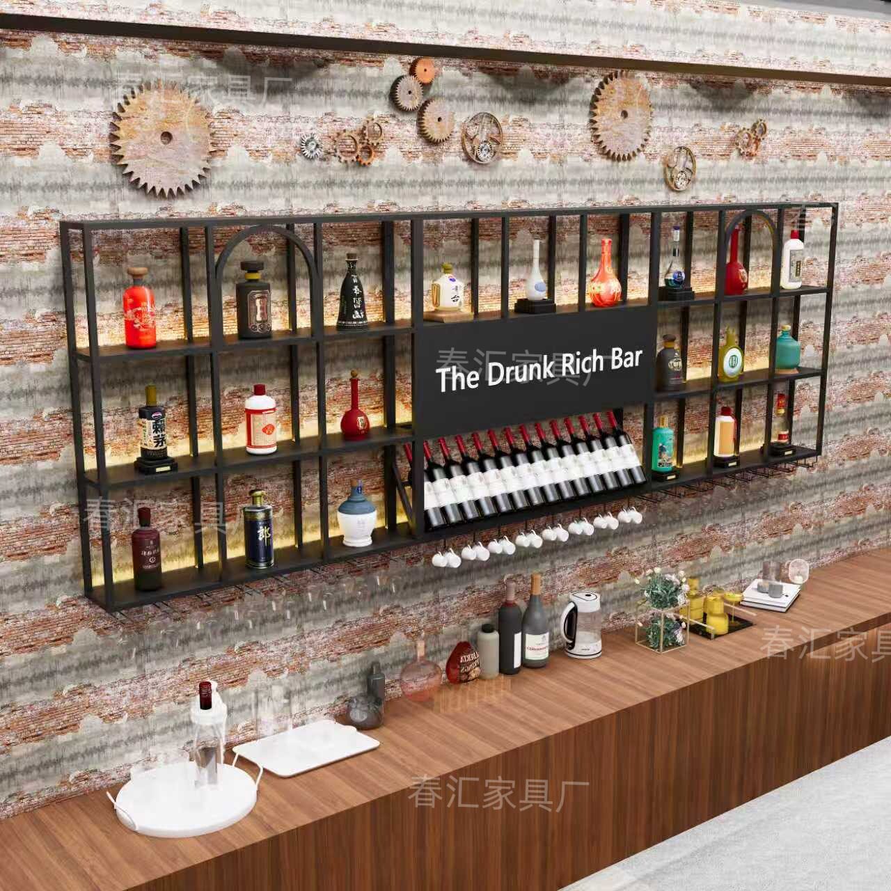 工业风铁艺壁挂发光展示酒架