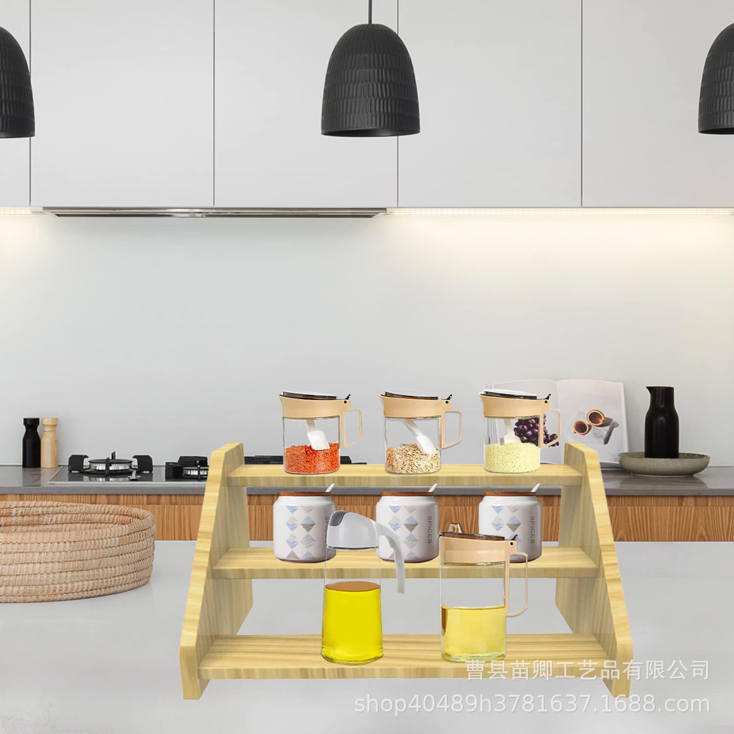 厂家批发厨房阶梯式多层置物架桌面化妆品置物架家用木制调料架