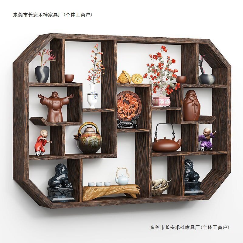 博古架实木新中式壁挂上墙茶具展示架置物架简约现代多宝阁古董架