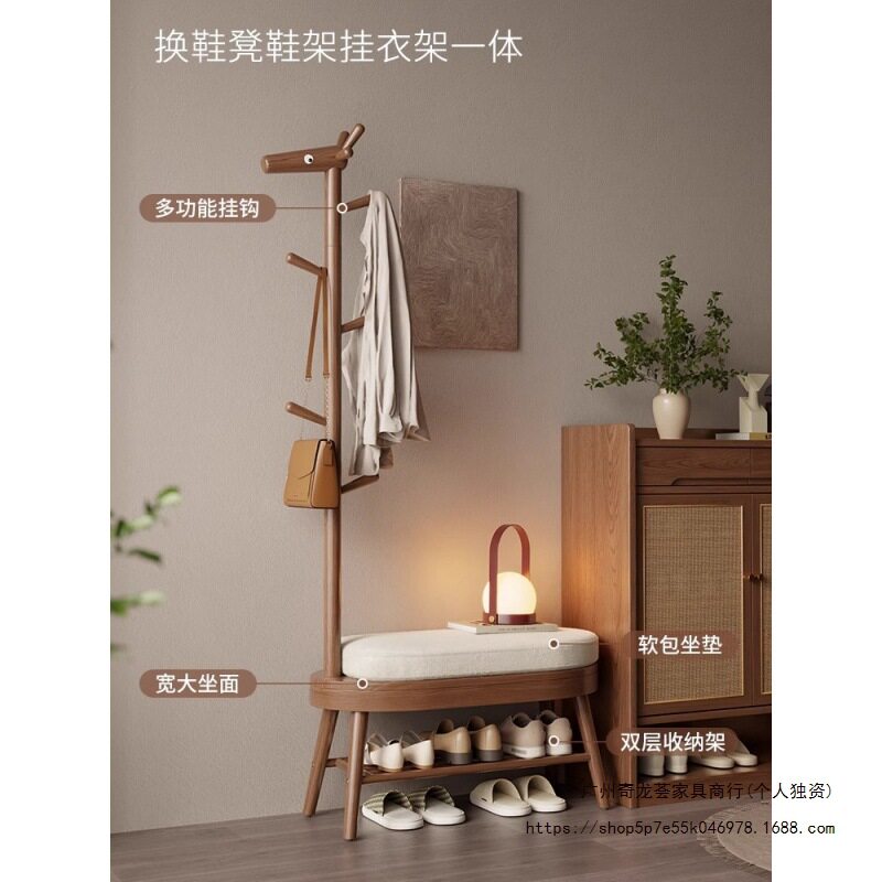 实木小鹿鞋柜换鞋凳挂衣架一体门口可坐鞋柜入户衣帽架试衣间凳子