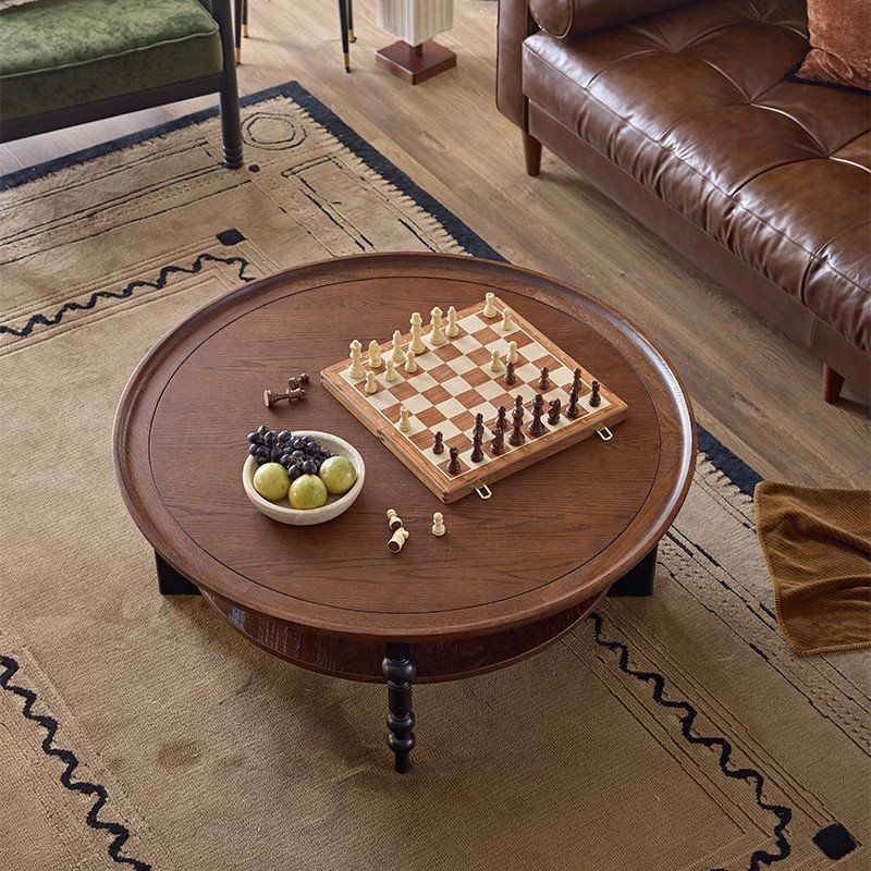 法式复古实木茶几小户型客厅圆形咖啡桌高级感美式中古茶桌小桌子