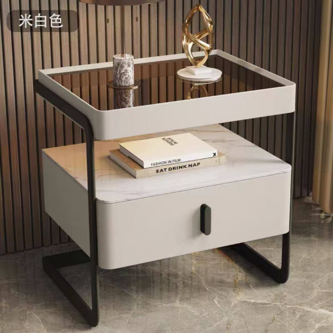 YM意式极简床头柜家用卧室现代简约全实木免安装岩板玻璃感新款