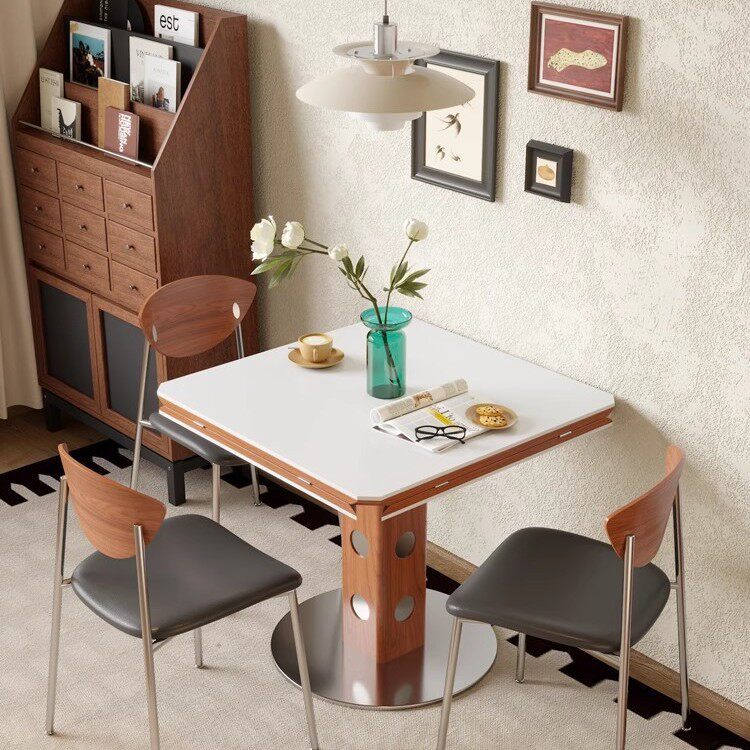 中古风实木岩板餐桌椅组合家用小户型2026新款折叠正方形可变圆桌