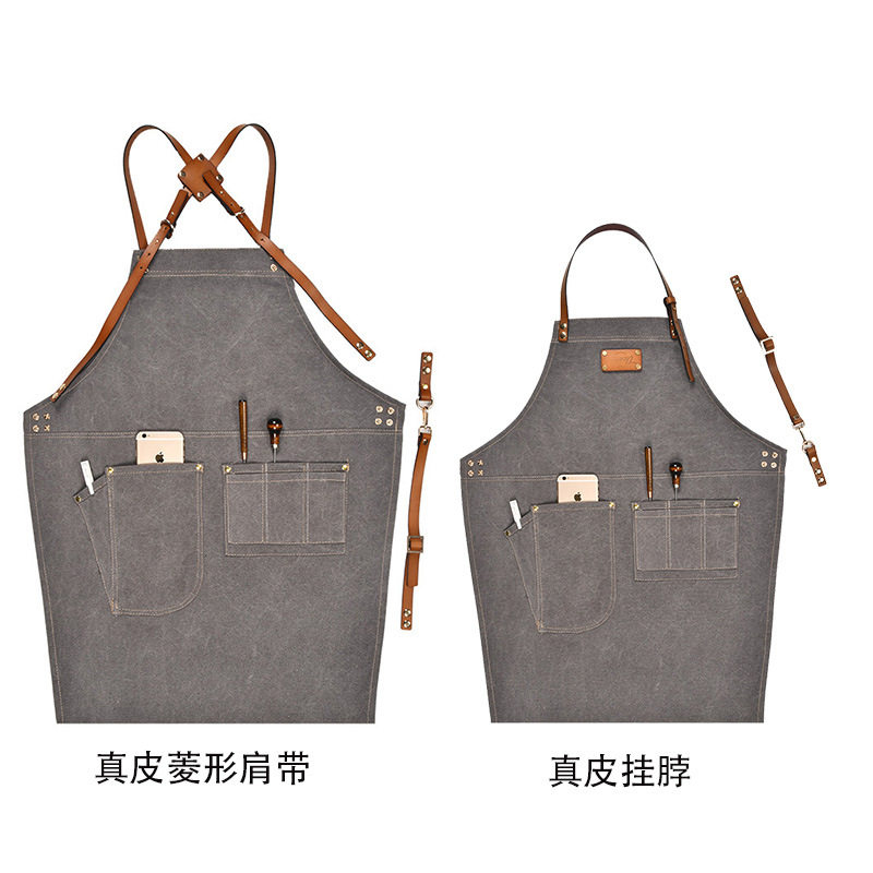 水洗帆布牛仔工作围裙咖啡理发师男女定 制LOGO拼接帆布围裙