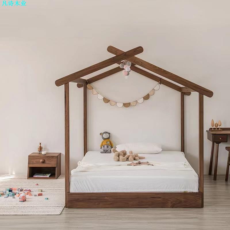 北欧实木儿童床创意树屋床黑胡桃/橡木全实木落地床网红家具