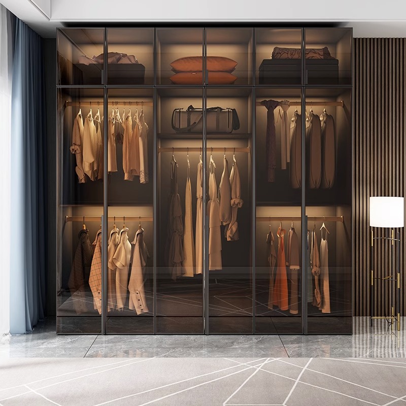 批实木衣柜卧室家用玻璃门L型现代轻奢转角衣帽间收纳柜子组合衣