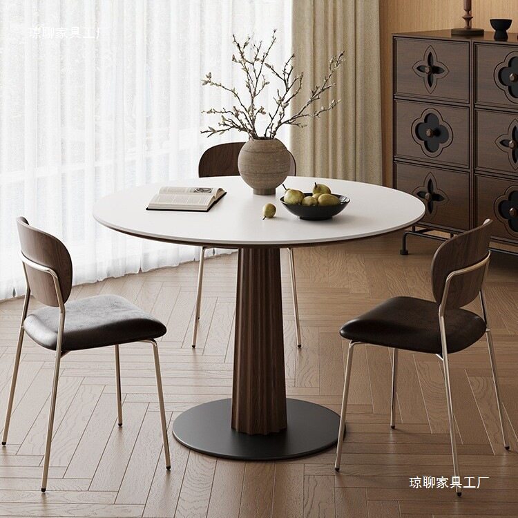 小户型中古风实木岩板圆餐桌椅