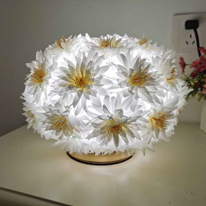 跨境蟹爪菊花台灯 真仿绢布玫瑰花ins少女婚庆浪漫床头装饰小夜灯