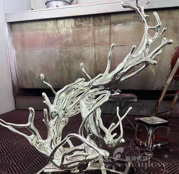 不锈钢水花抽象雕塑酒店镜面浪花太湖石客厅摆件大堂水景装饰