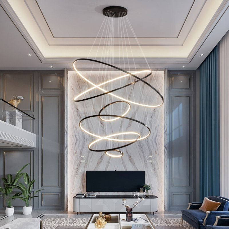 复式楼大吊灯loft楼梯挑空全铜客厅灯轻奢别墅酒店圆环大厅灯