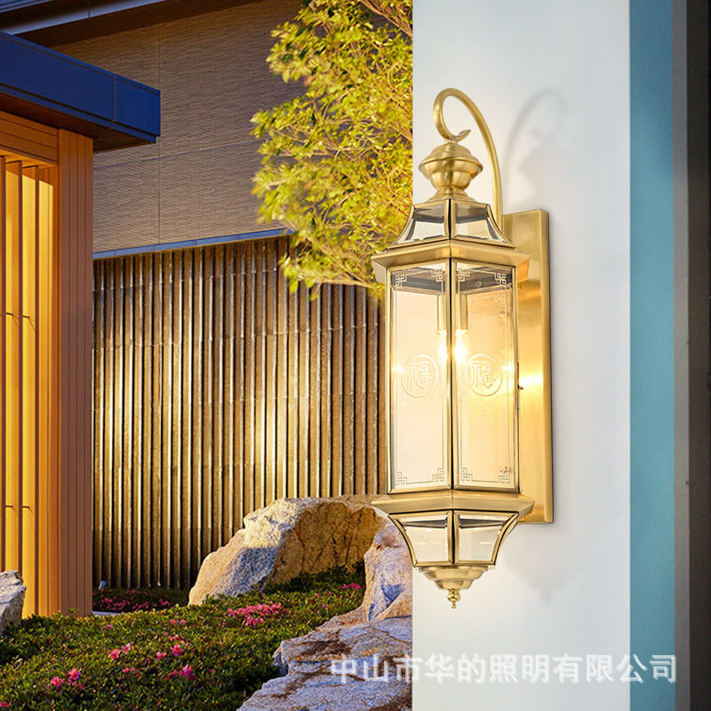 新中式全铜户外壁灯简约别墅走廊过道阳台防水灯具家用室外庭院灯