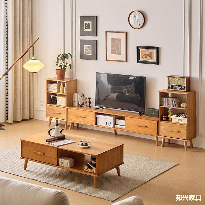 全实木电视柜客厅家用小户型置物柜简约现代多功能落地茶几组合柜