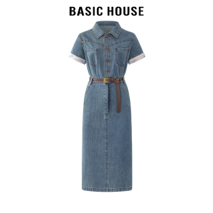 口牛仔短袖 百家好 翻领拼接袖 House时尚 连衣裙女复古长裙夏 Basic