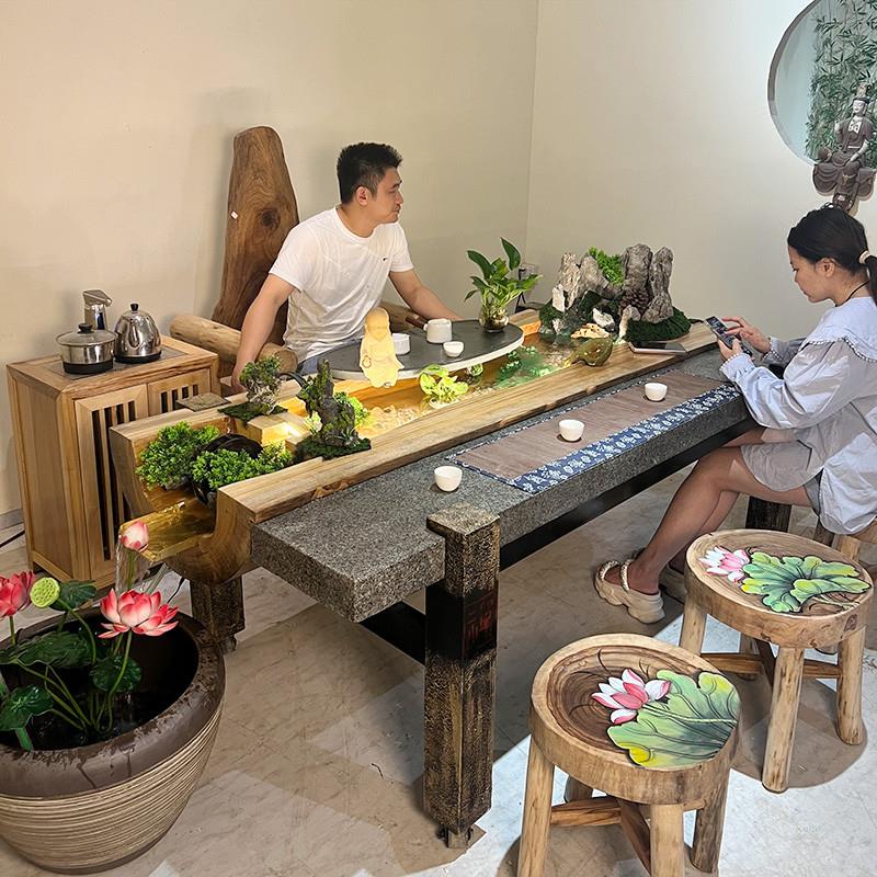 适配中式流水茶台实木茶桌别墅庭院会客泡茶桌子原木家具禅意功夫