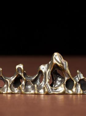 0黄铜山形笔架假山石书房笔架摆件创意桌面办公室镇纸古玩微雕铜