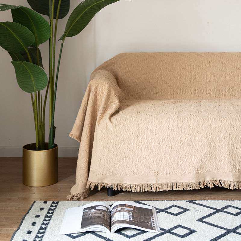 北欧布艺沙发套盖布纯色沙发巾单双人贵妃沙发垫保护罩网红卡其色