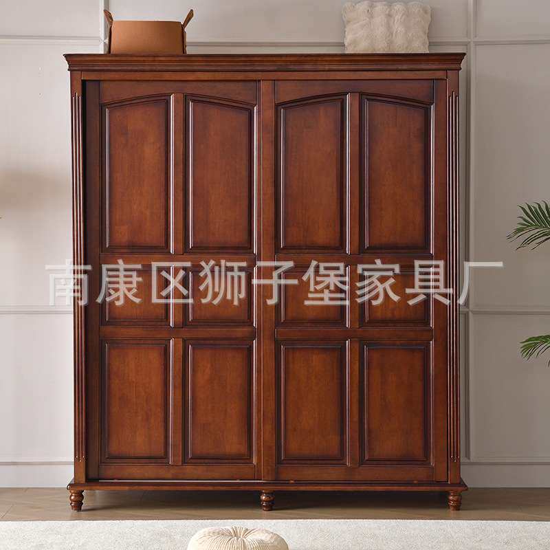 美式实木衣柜两门推拉橱柜双门大容量卧室家具乡村储存柜跨境热销