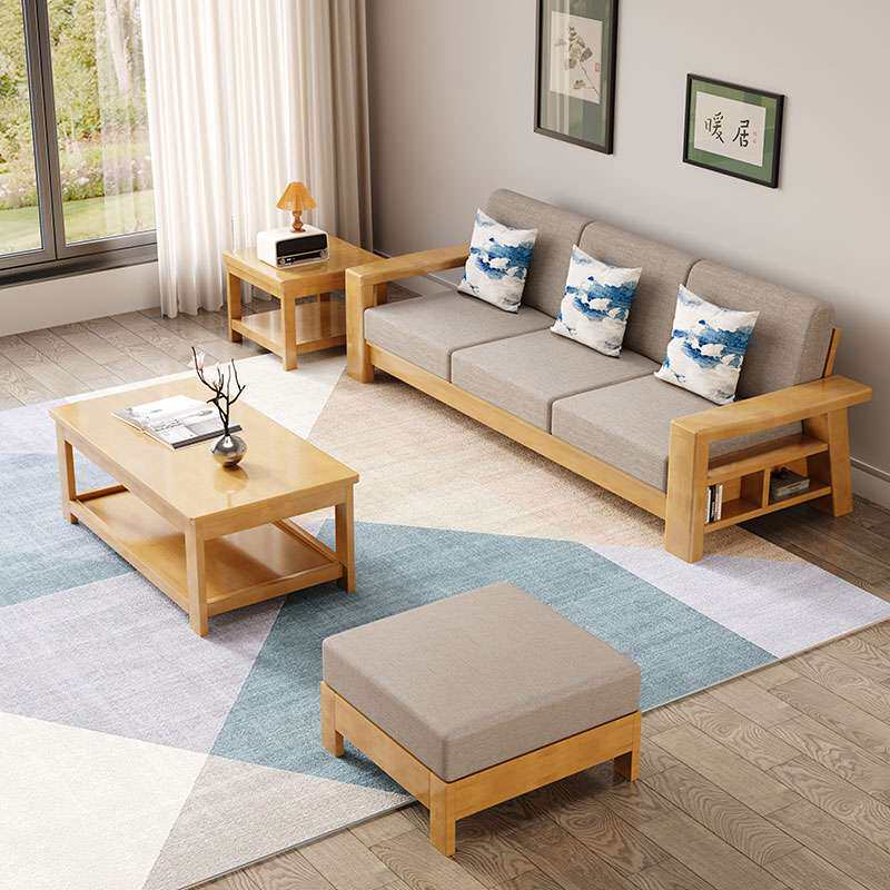现代简约全实木沙发客厅三人位组合小户型原木布艺贵妃经济型沙发