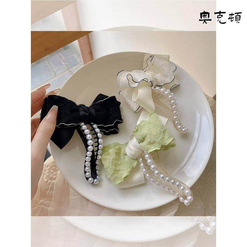 速发优雅蝴蝶结头饰珍珠发夹季后脑勺发卡高级感夹子八字抓夹