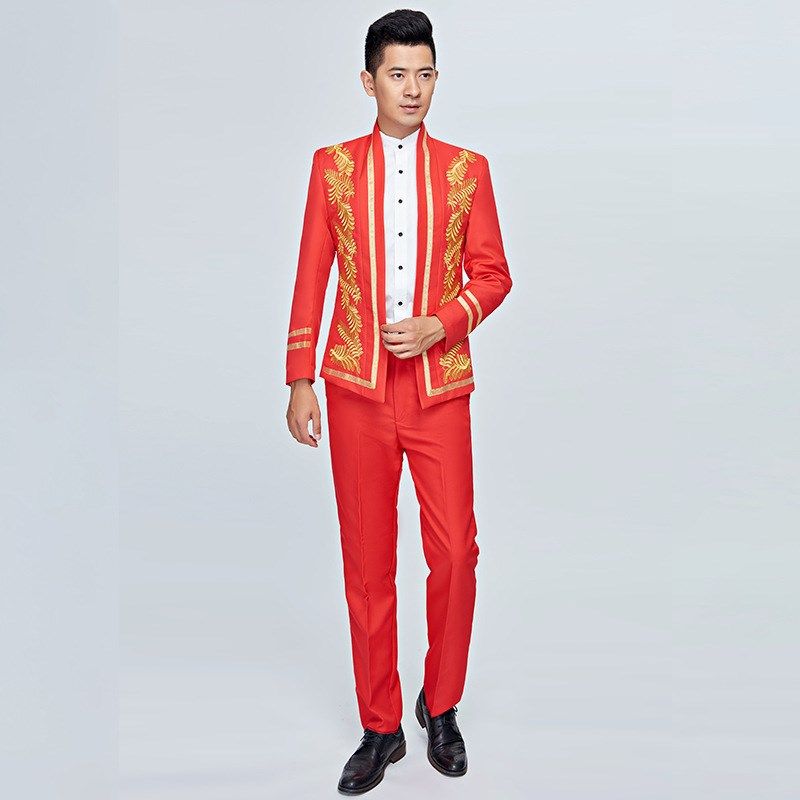 速发2洲24新款男士民族风宫廷演出服套装欧0风演绣花红色蓝色表格