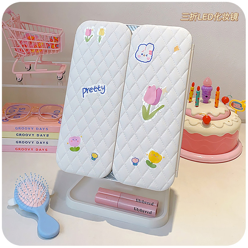 速发桌面化妆镜可折叠带舍梳妆台收纳盒一体补镜台式宿灯贝壳光子