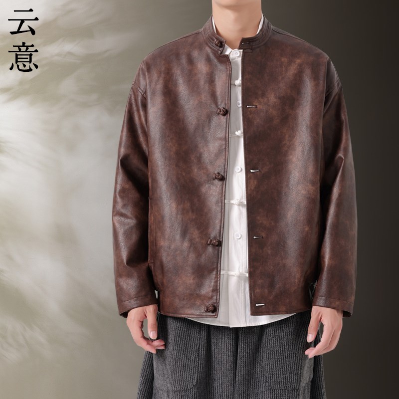 速发秋套季中式立领唐装男中国风复古皮衣盘扣立领皮码克大夹外冬