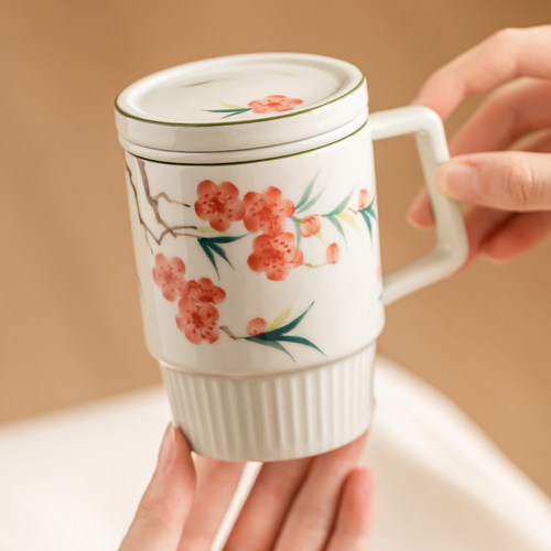 速发优格桃瓷陶花水杯士个人专用马克杯水双用盖托泡茶杯子茶带分