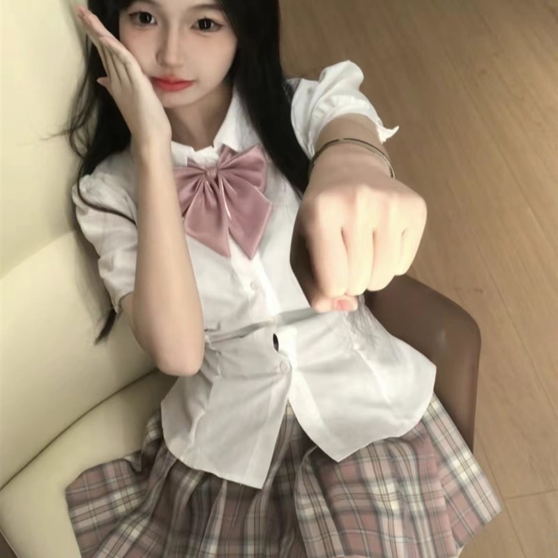 速发学院风jk妹服收腰学生辣泡袖泡制绑带衬衣白色上衣