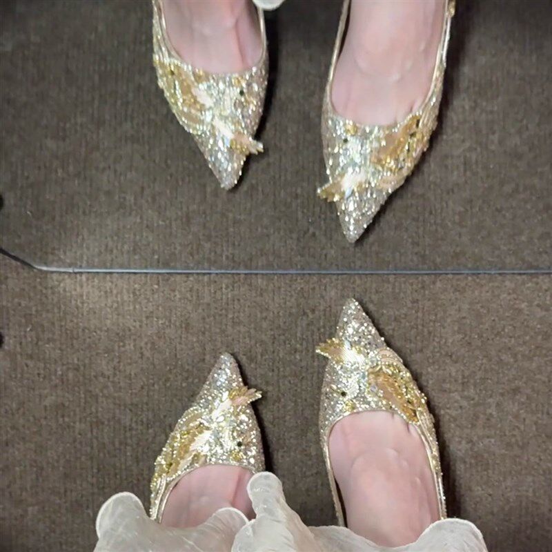 速发金色凤凰水晶婚鞋秀禾婚纱两穿绝美尖头细跟高级感新娘鞋不累