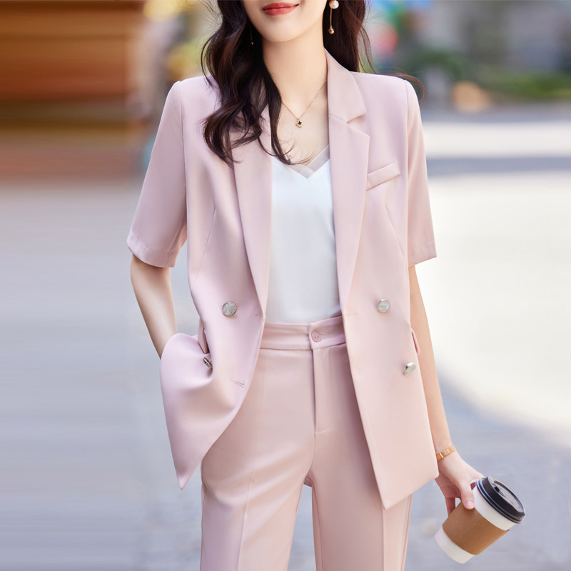 速发气色外套夏季薄款小个子上班服正装粉质神范西服套装