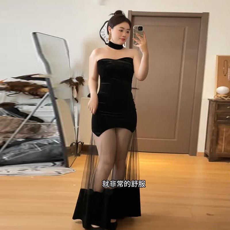 速发大码00法斤式气感性质名媛礼服裙子一字肩挂脖抹胸连衣裙