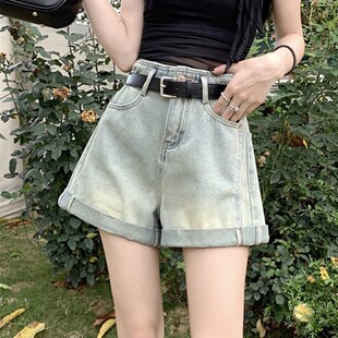速发大码卷边阔季牛仔短裤夏妹新款设计感辣腿宽松a字热裤
