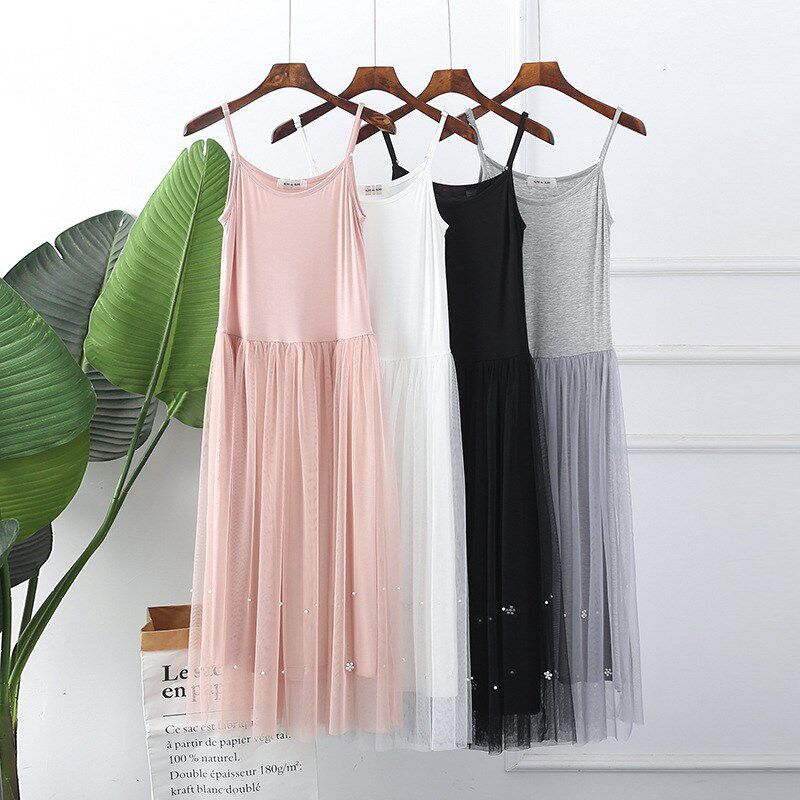 速发钉珠背心打底连衣裙中长款吊带网底裙莫代尔打纱蕾丝长裙内搭