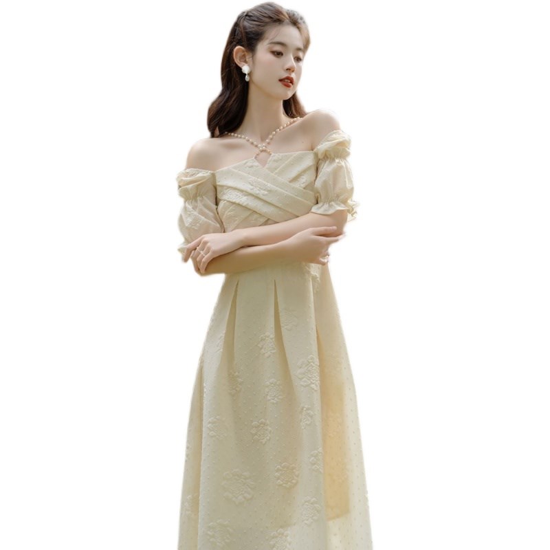 速发一字肩法式vitage连衣裙夏季 小个子伴娘服订婚礼服平时可穿