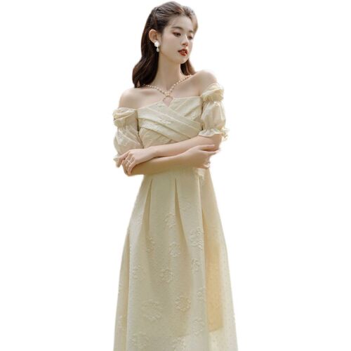 速发一字肩法式vitage连衣裙夏季 小个子伴娘服订婚礼服平时可穿