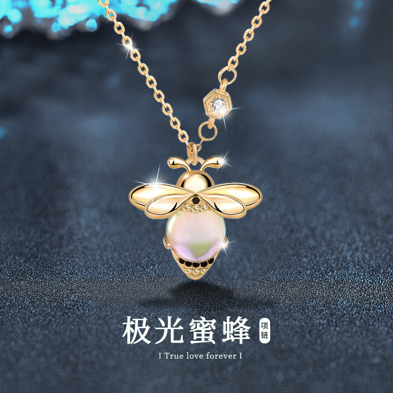 日本品质原创设计月光石项链小香风不掉色925纯银蜜蜂吊坠diy配饰