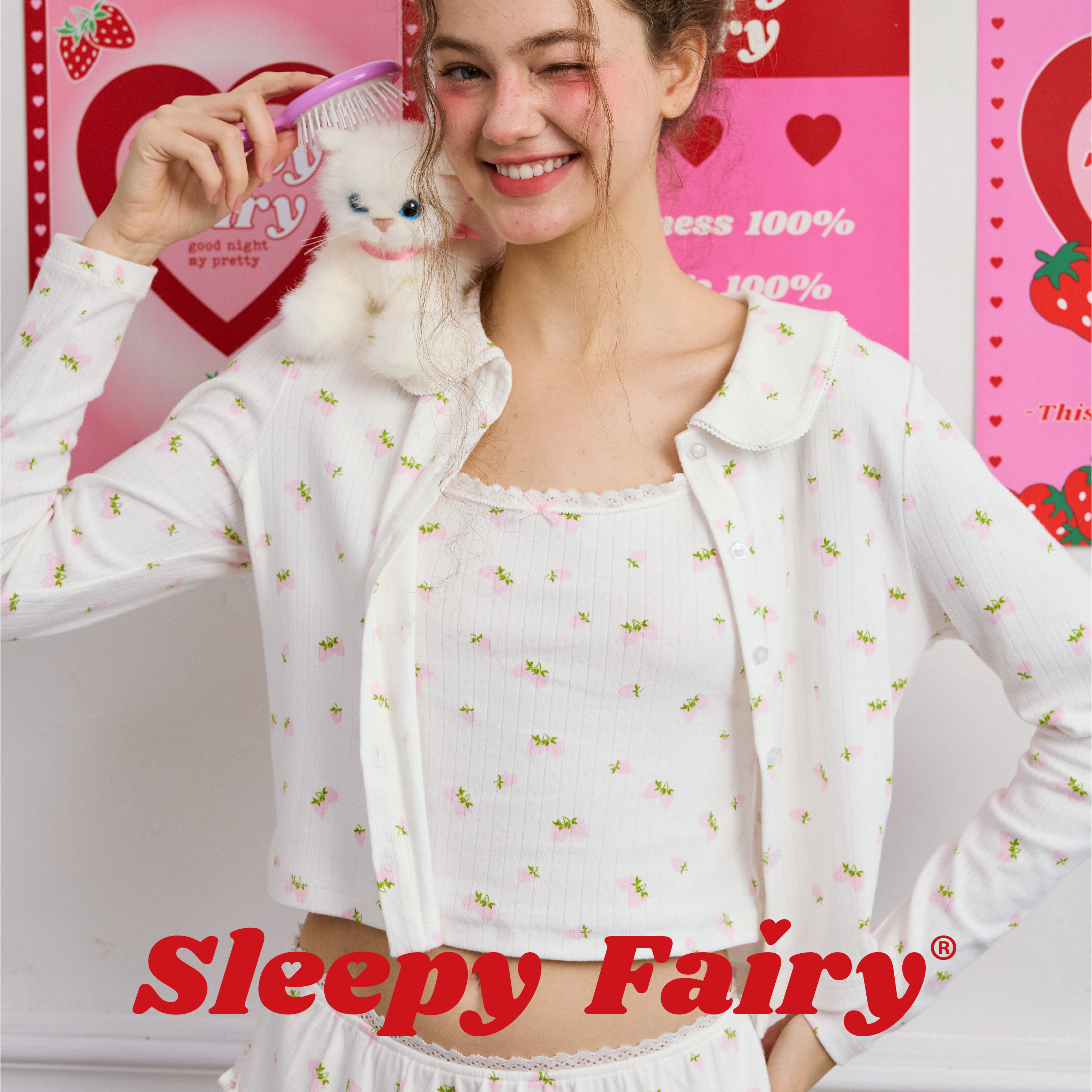 SleepyFairy春日草莓碎花针织开衫纯欲少女甜美长袖圆领外套