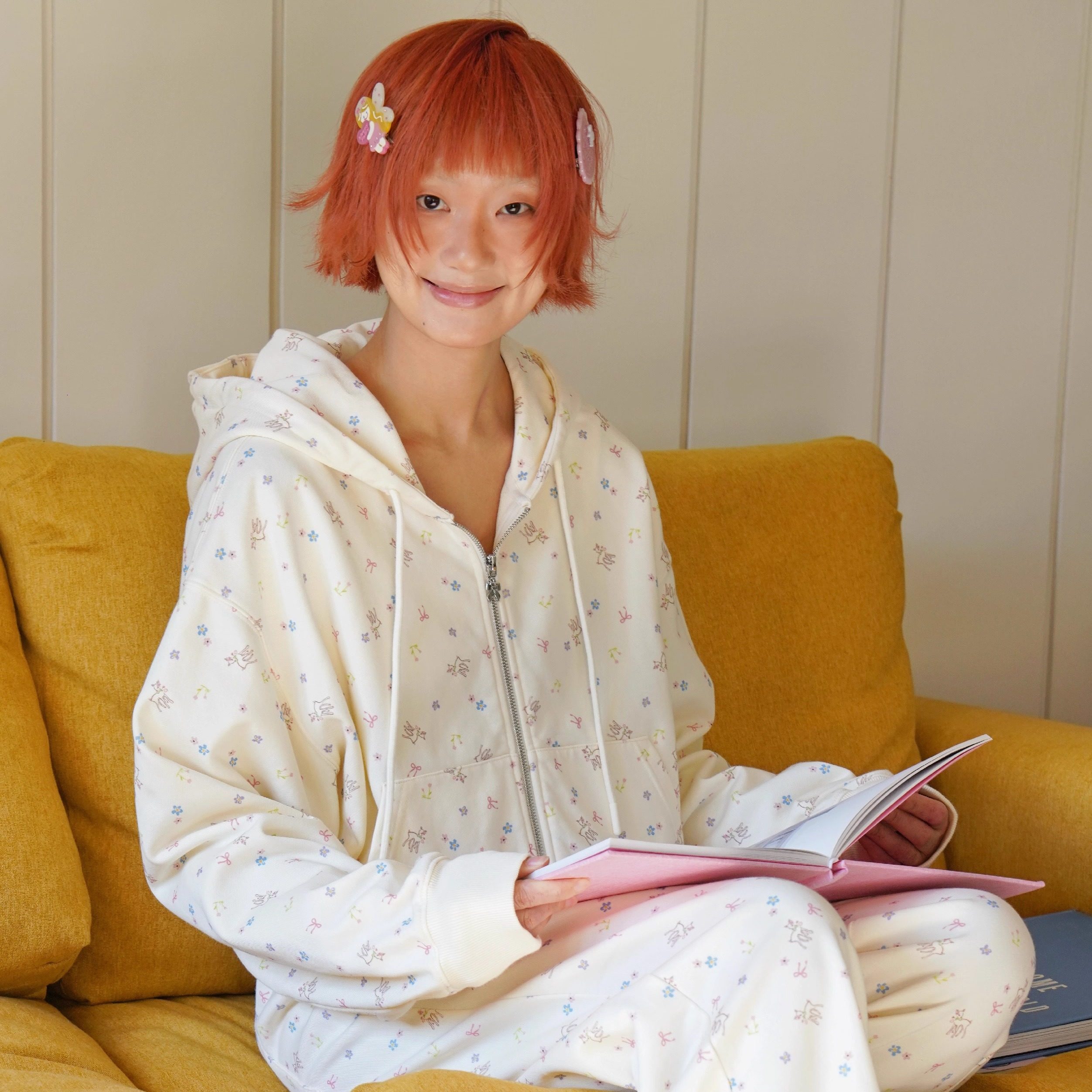 SleepyFairy早春小鹿碎花卫衣套装少女蝴蝶结舒适收身外套喇叭裤