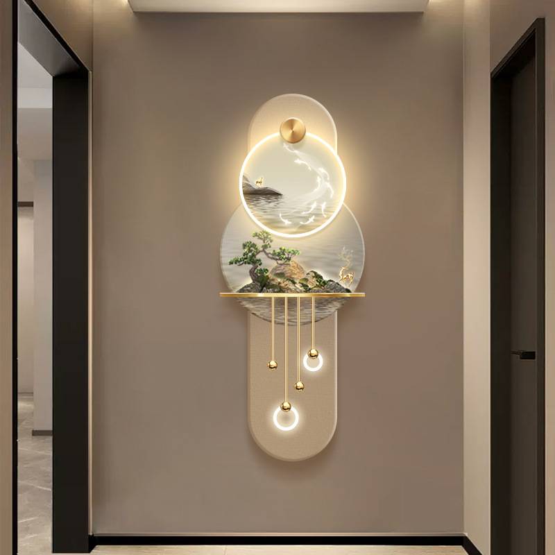 迎客松玄关装饰画流水生财九鱼图壁灯画走廊山水立体浮雕led挂画图片