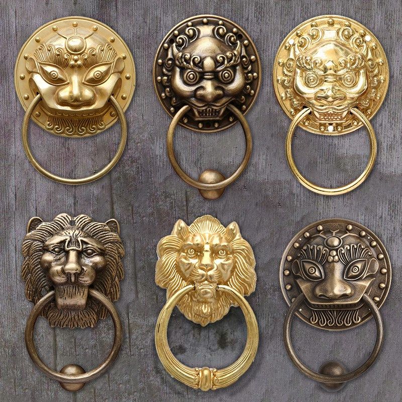 中式仿古大门拉手黄铜兽头门环纯铜手把狮子头虎头麒麟头装饰拉环