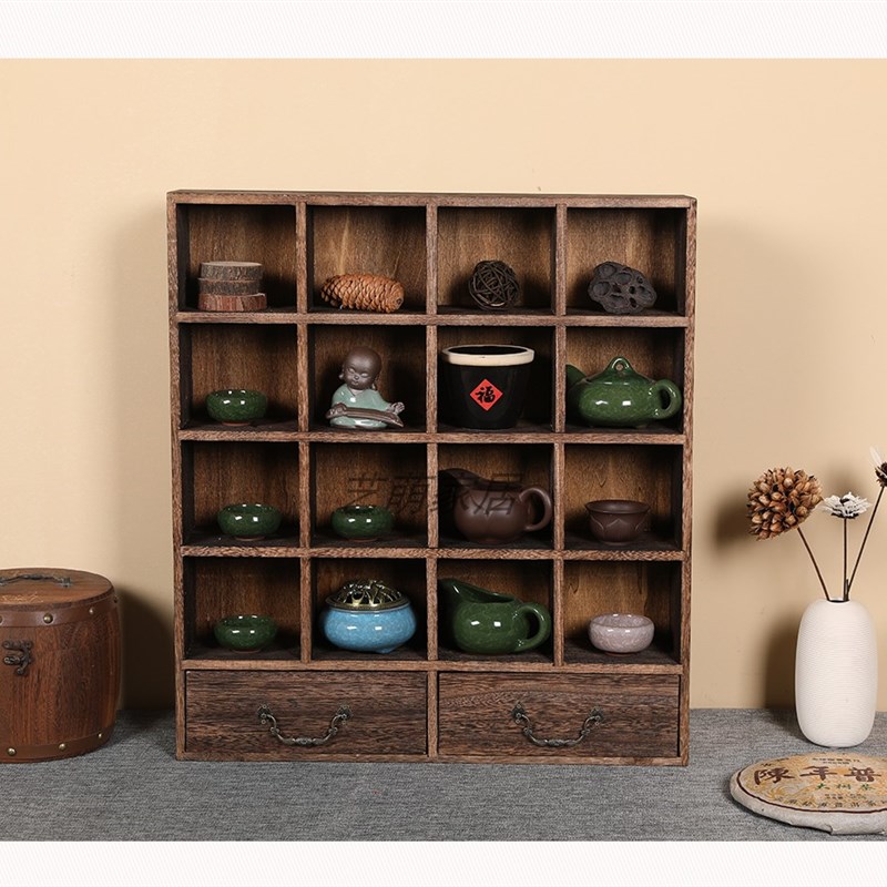 博古架实木烧桐木壁挂墙茶具架隔断置物架客厅多宝阁可壁挂格子架
